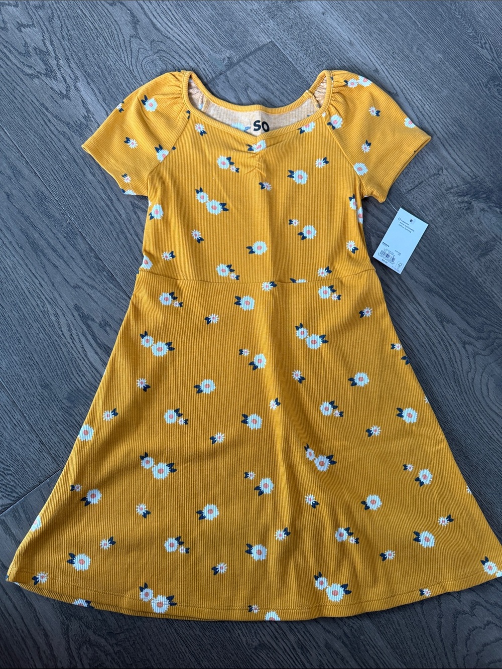 SO Girls' Mustard Yellow Floral Short-Sleeve Knit Dress